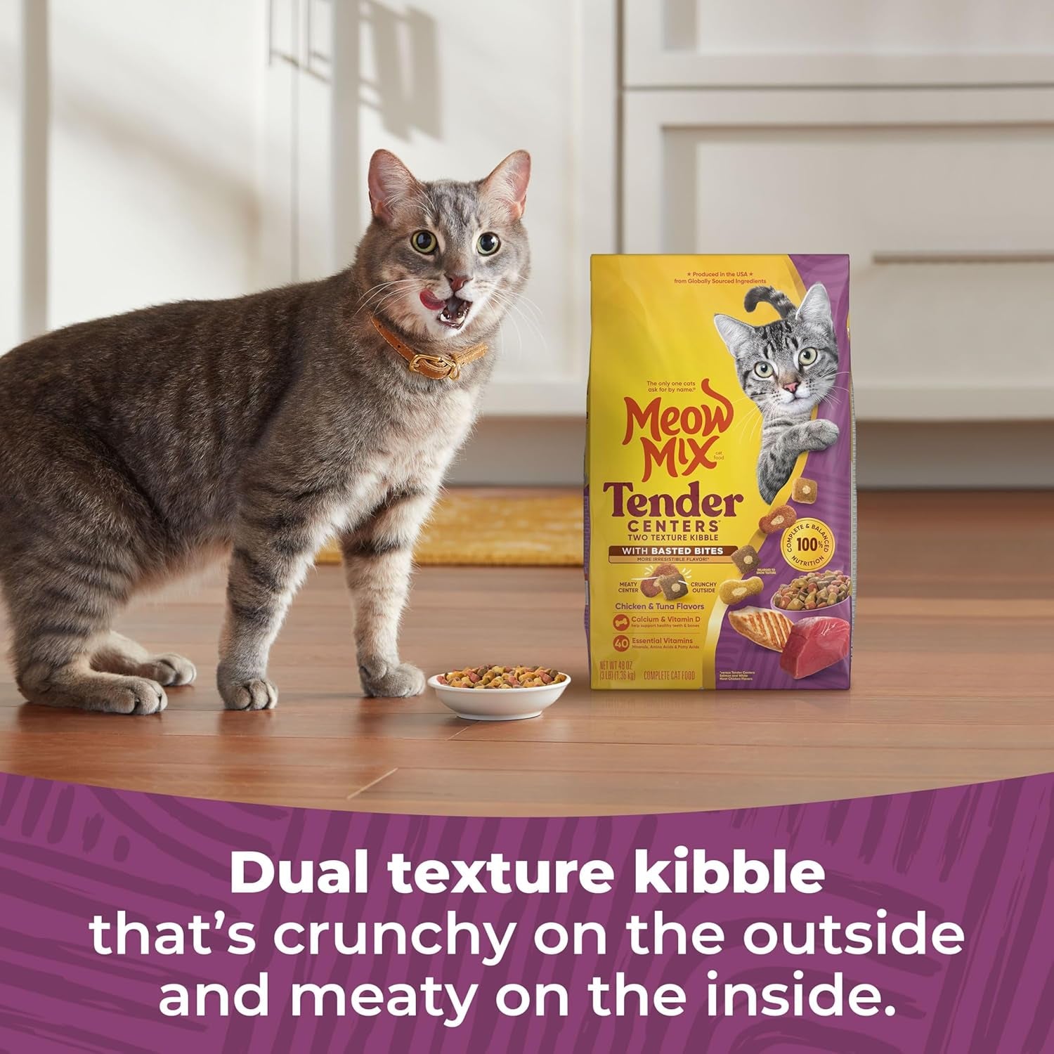 Tender Centers Basted Bites Dry Cat Food, Chicken & Tuna Flavor, 3 Pound (Pack of 4), Crunchy outside Meaty Inside
