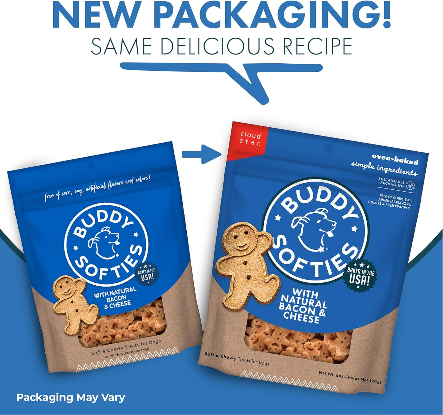 Buddy Biscuit Softies 6 Oz Pouch, Soft & Chewy, Natural Bacon and Cheese Flavor Dog Treats, Oven Baked in the USA