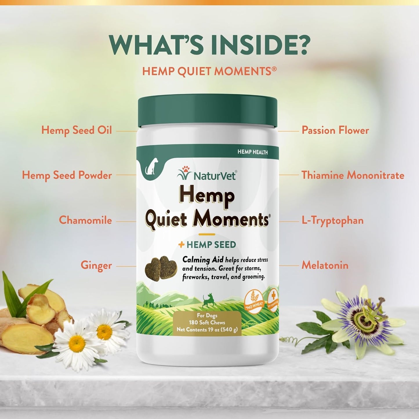 Quiet Moments Calming Aid Dog Supplement, Helps Promote Relaxation, Reduce Stress, Storm Anxiety, Motion Sickness for Dogs (Quiet Moments plus Hemp, 180 Soft Chews)
