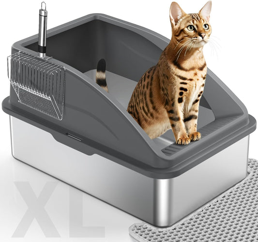 Stainless Steel Litter Box, Extra Large Litter Boxes for Big Cats, Xlarge Metal Cat Litter Box with Lid, Anti-Urine Leakage XL Box with High Sides, Easy Clean, Non-Sticky, Cat Mat & Metal Scoop