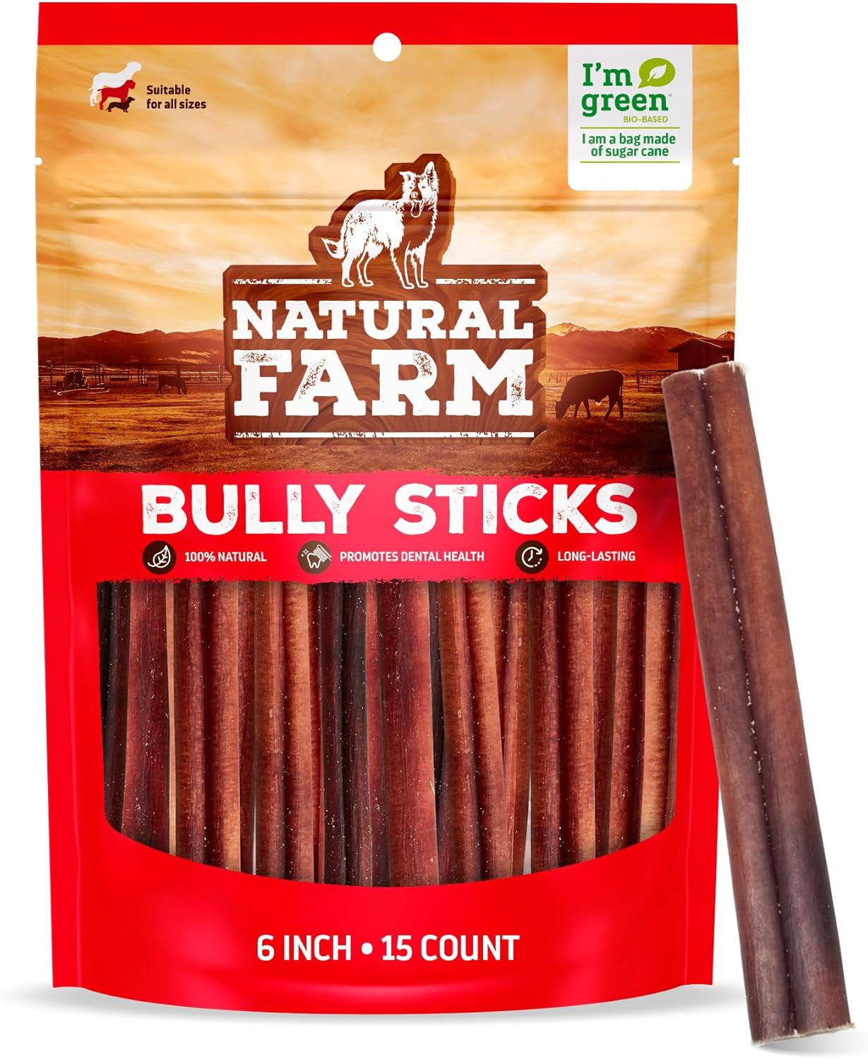 Odor-Free Bully Sticks (6 Inch, 15 Count), Single Ingredient: 100% Beef Chews, Grass-Fed, Non-Gmo, Grain-Free, Fully Digestible Treats for Puppies, Small or Senior Dog