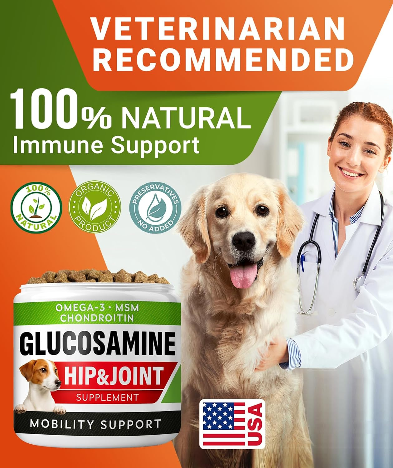 Glucosamine Treats for Dogs - Joint Supplement W/Omega-3 Fish Oil - Chondroitin, MSM - Advanced Mobility Chews - Joint Pain Relief - Hip & Joint Care - Chicken Flavor - 120 Ct - Made in USA