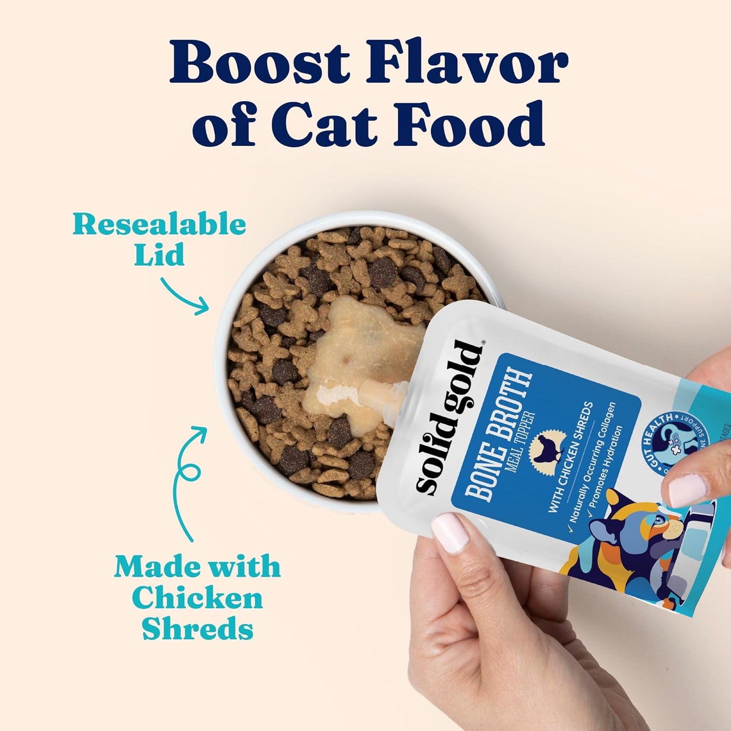 Bone Broth Cat Food Topper - Limited Ingredient Lickable Cat Broth Pouches W/Chicken Protein Shreds & Collagen for Hydration & Gut Support - Easy to Serve Gravy for Cats Meal Topper - 12Ct