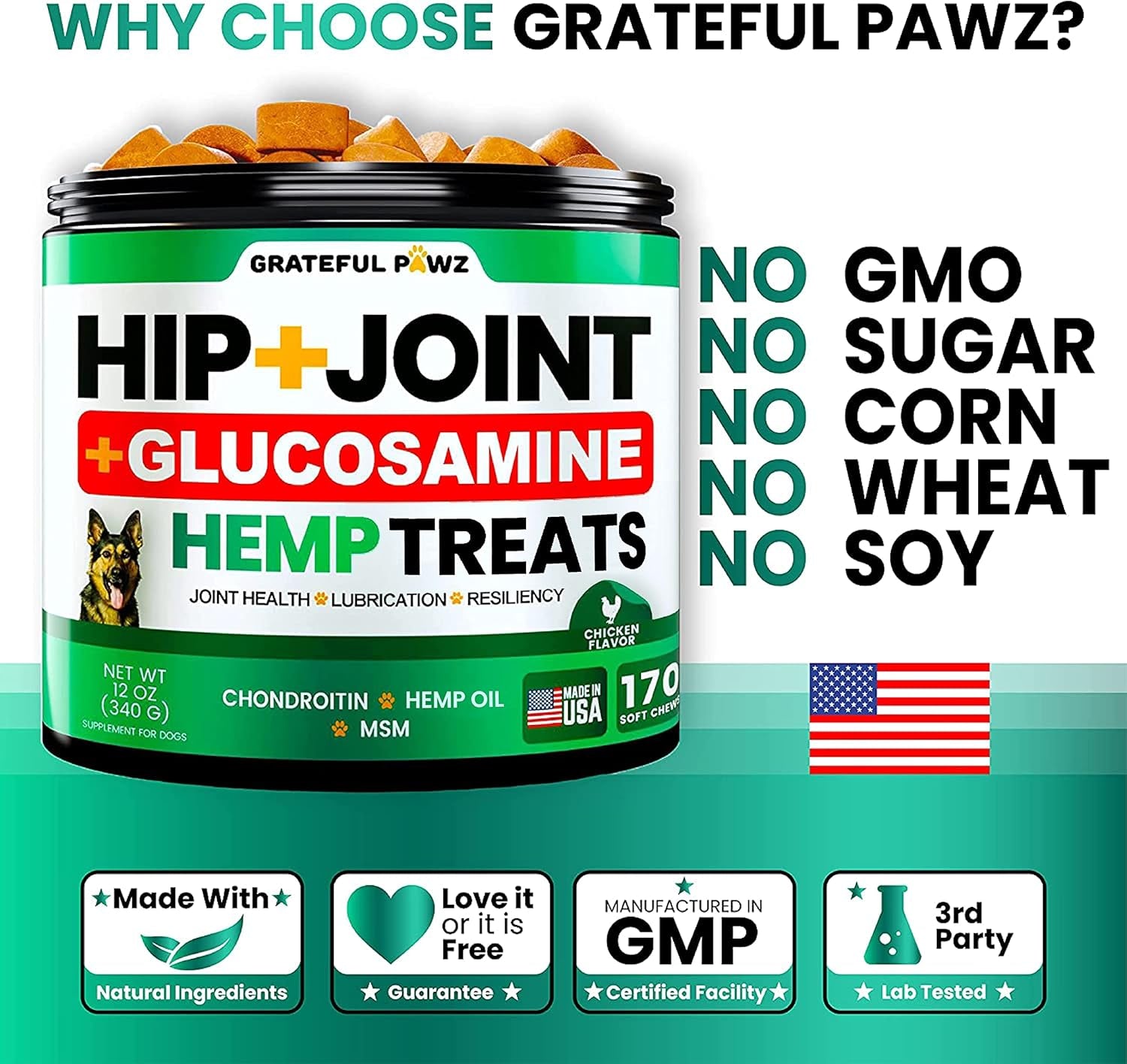 Hemp Hip and Joint Supplement for Dogs - Glucosamine for Dogs - 170 Joint Pain Relief Treats - Chondroitin, MSM, Hemp Oil - Advanced Health Supplement - Mobility Support Chews - Made in USA