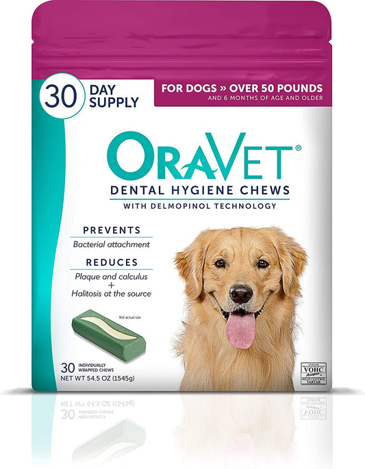Dental Chews for Dogs, Oral Care and Hygiene Chews (Large Dogs, over 50 Lbs.) Pink Pouch, 30 Count (Pack of 1)