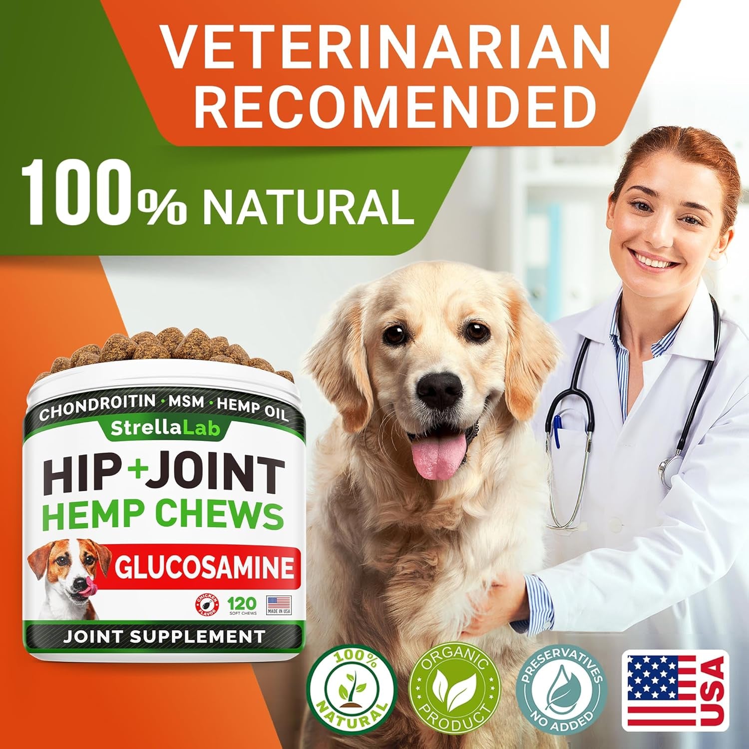 Hemp Chews for Dogs - Hip & Joint Supplement with Glucosamine - Joint Pain Relief Treats - Omega 3, Chondroitin, MSM - Advanced Mobility Support - Chicken Flavor - 120 Ct - Made in USA