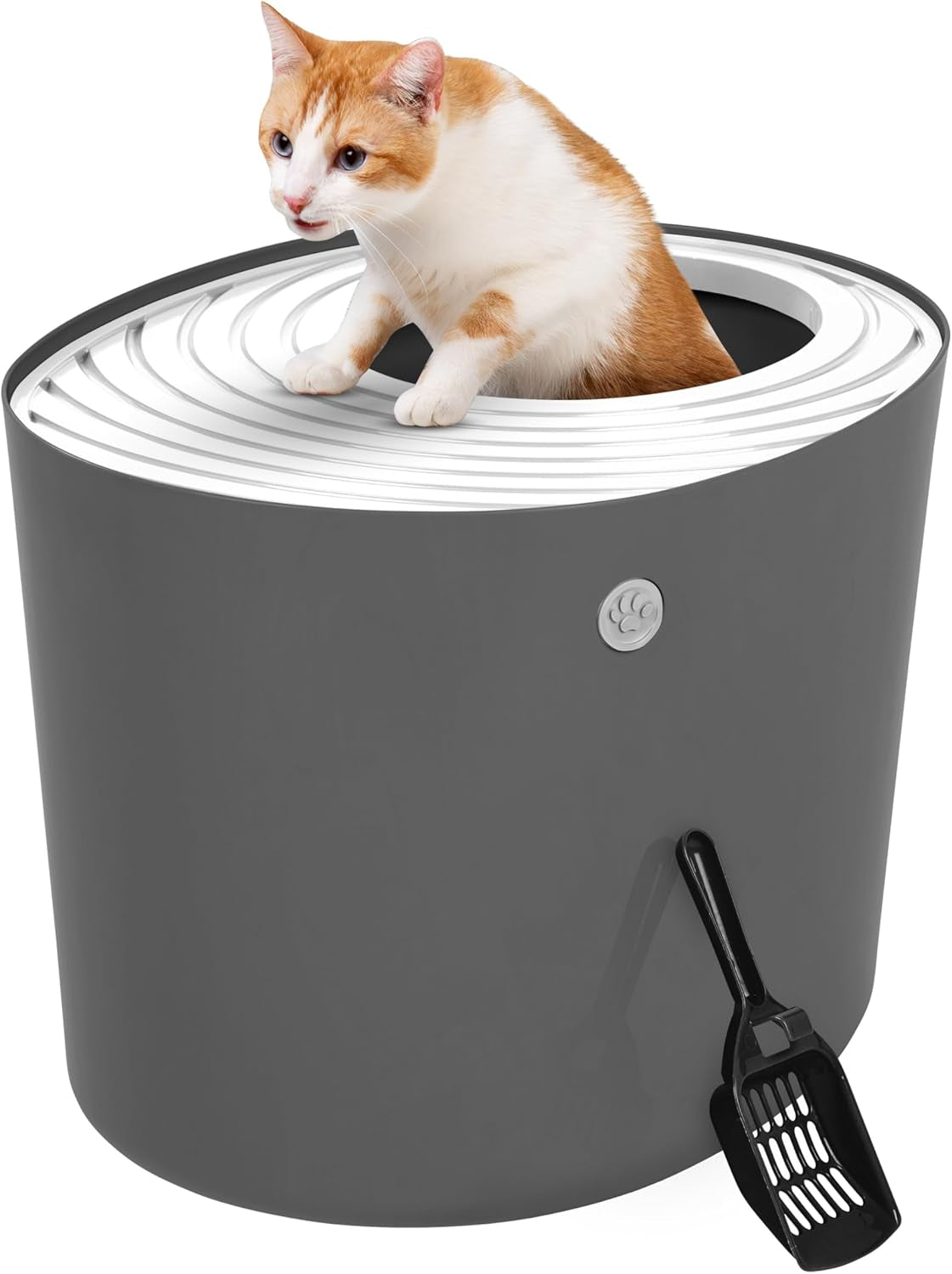 Cat Litter Box, Large Top Entry with Litter Catching Lid and Scoop, Dog Proof, Cat Box Enclosure, Dark Gray/White