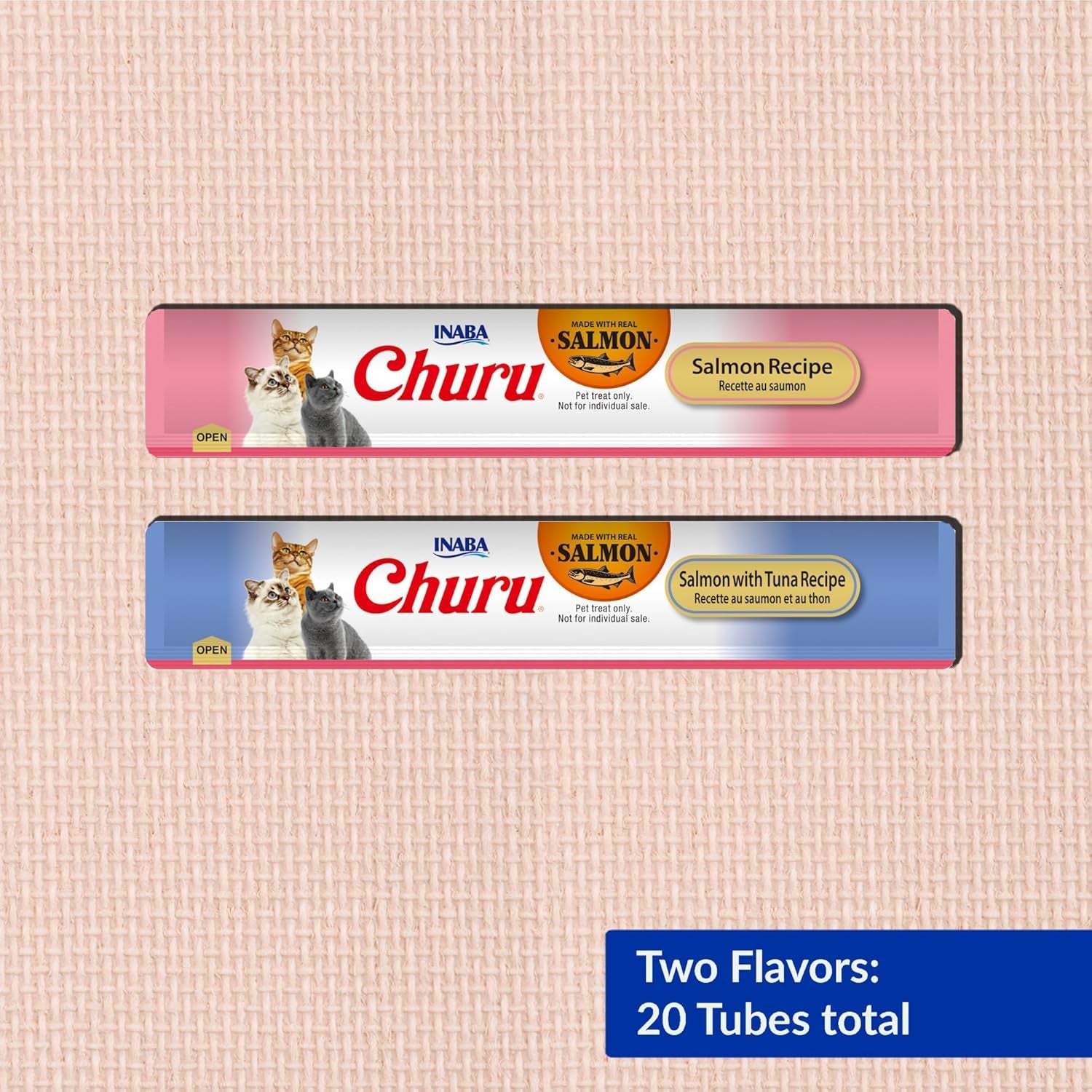 Salmon Churu Cat Treats, Lickable, Squeezable Creamy Purée Cat Treat with Green Tea Extract & Taurine, 0.5 Ounces Each Tube, 20 Tubes, Salmon & Tuna Variety Box