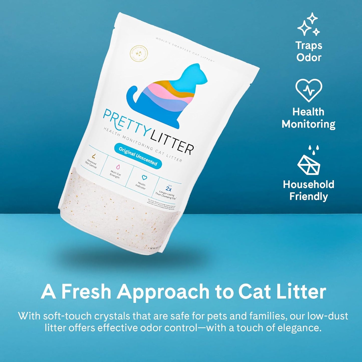 Prettylitter Health Monitoring Cat Litter (Unscented, Non Clumping) | Lightweight & Low Tracking, Color Changing Silica Gel Crystals, Advanced Odor Control — 6 Lbs, Pack of 1 (One Month Supply)