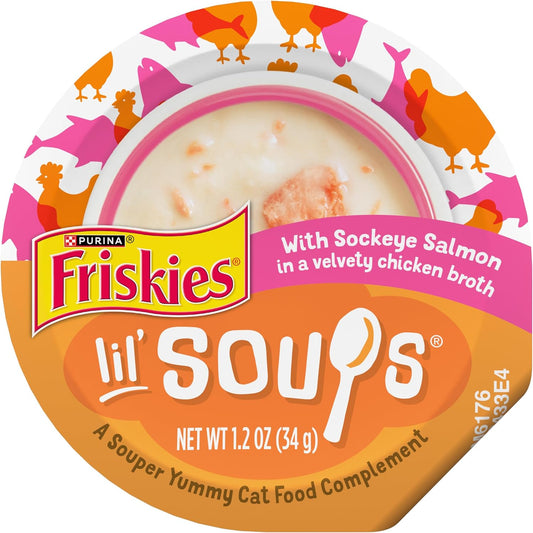 Purina  Lil’ Soups Lickable Cat Treats Toppers with Sockeye Salmon in Chicken Broth, Grain Free Cat Food Toppers, Pack of 8, 1.2 Oz Cups
