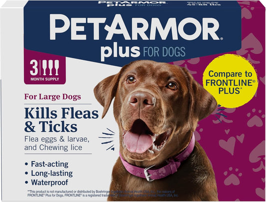 plus Flea and Tick Prevention for Dogs, Dog Flea and Tick Treatment, 3 Doses, Waterproof Topical, Fast Acting, Large Dogs (45-88 Lbs)