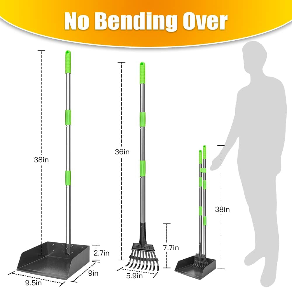 Larger Pooper Scooper for Large Dogs, Dog Pooper Scooper for Large Medium Small Dogs Long Handle Stainless Metal Tray and Rake Set Heavy Duty