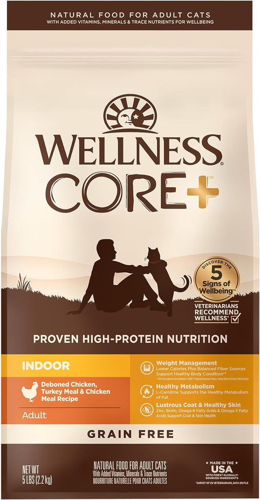 CORE+ Adult Dry Cat Food for Indoor Cats, Grain-Free, Natural, Chicken, Turkey & Chicken Meal (5 Pound Bag)