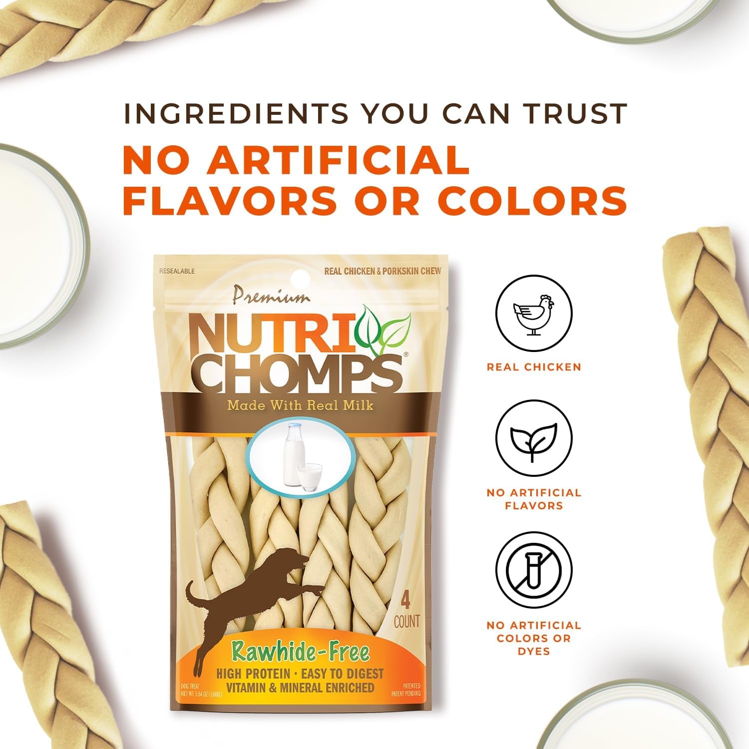 Nutrichomps Dog Chews, 6-Inch Braids, Easy to Digest, Long Lasting, Rawhide-Free Dog Treats, Healthy, 4 Count, Real Milk Flavor