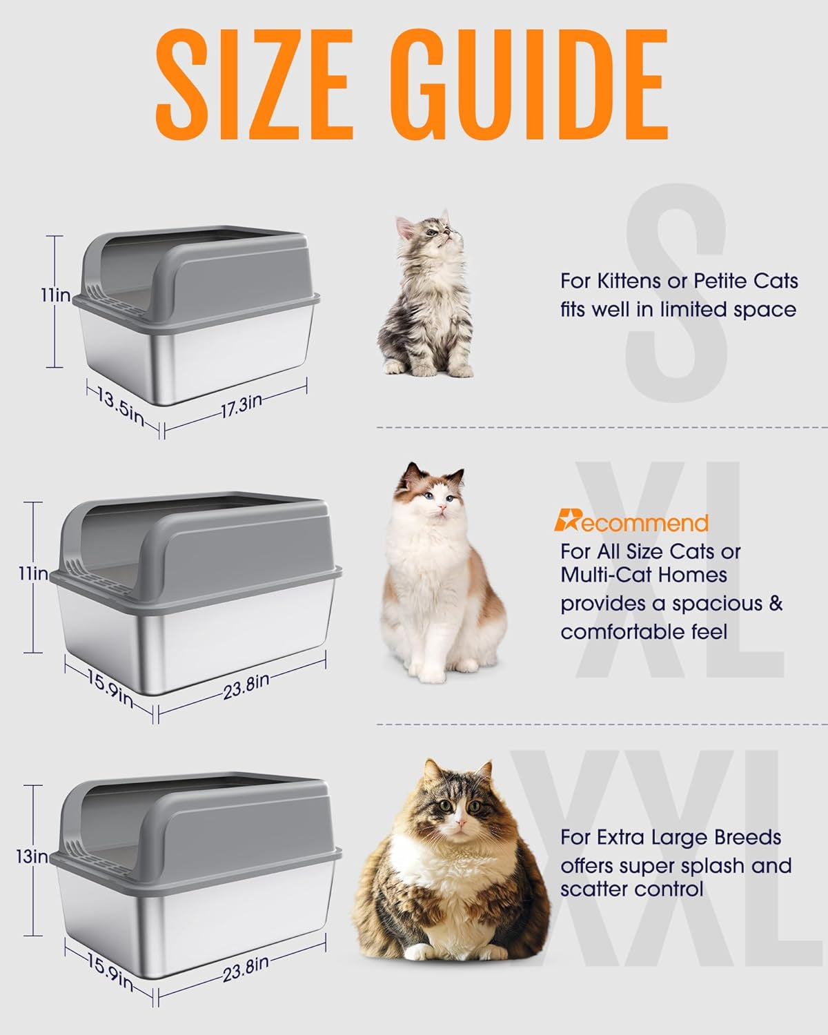 Stainless Steel Cat Litter Box, Metal Kitty Litter Box with Scoop, Anti-Leakage Top Entry, Non-Sticky, Easy to Clean, Grey, 13.5" × 17.3" × 11"