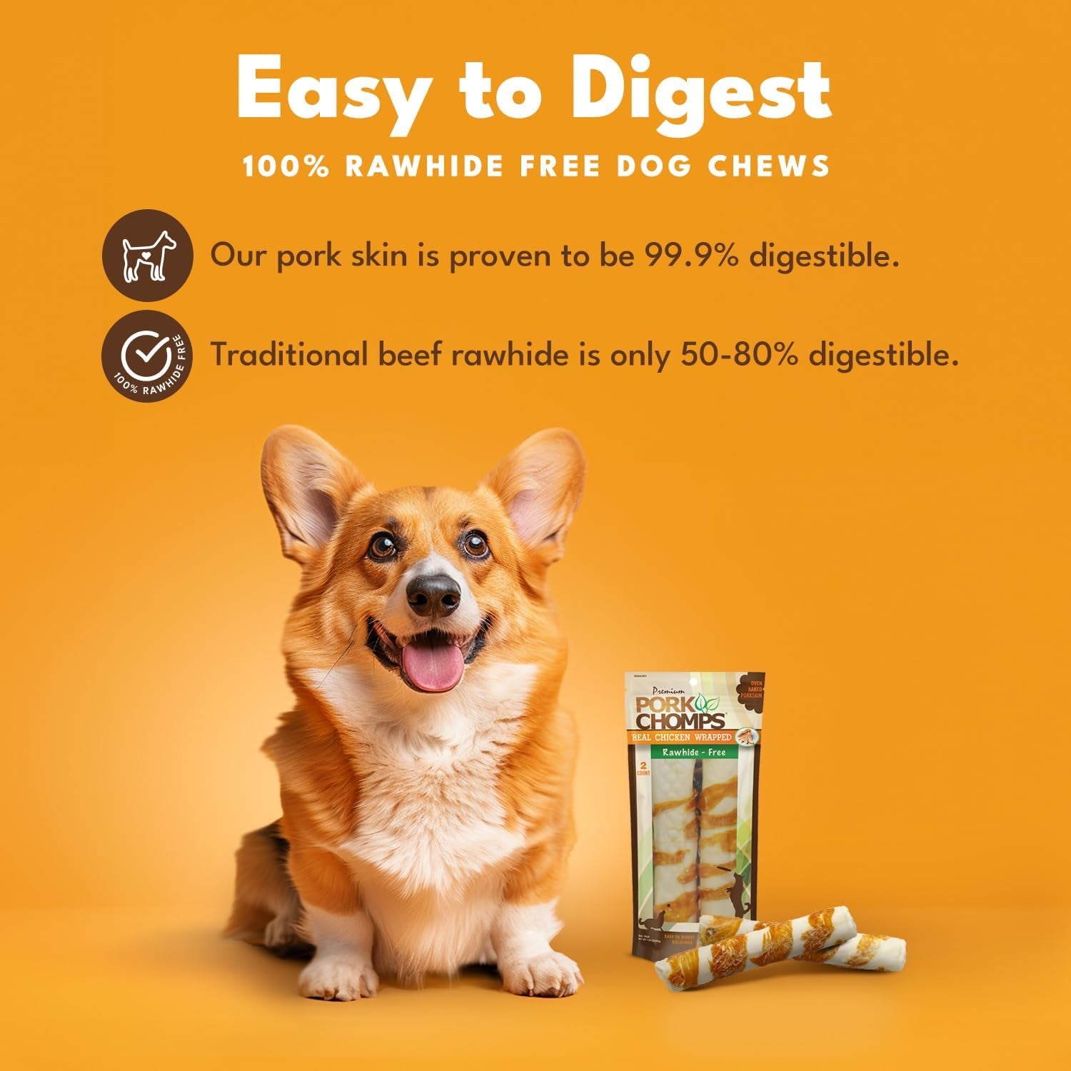 Baked Pork Skin Dog Chews, 8-Inch Rolls, Real Chicken Wrap, 2 Count