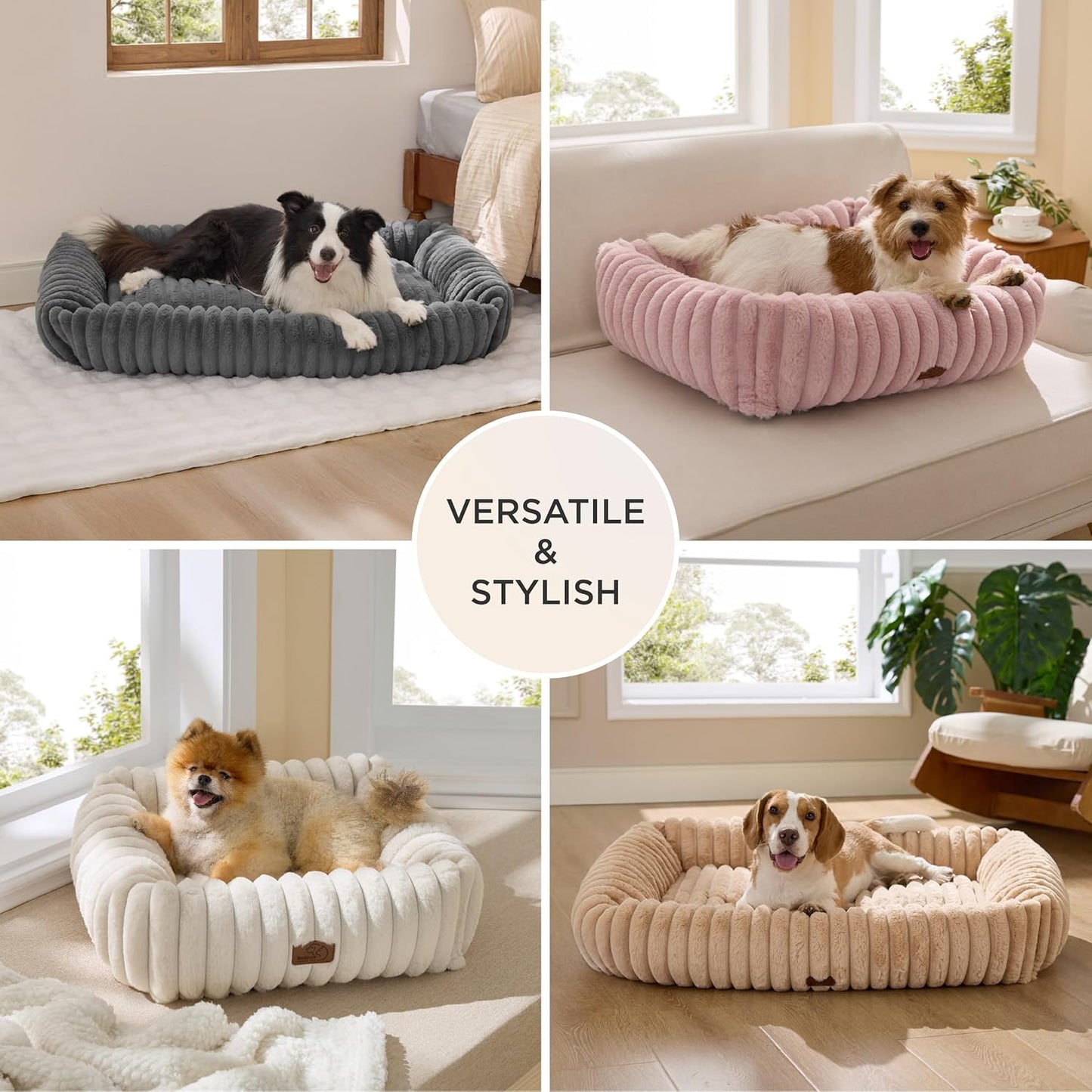 Cute Dog Bed for Small Medium Dogs - Washable Furry Puppy Beds, Rectangle Orthopedic Corduroy Fleece Pet Beds with Removable Zipper Cover, 25X21X7Inches, Cream
