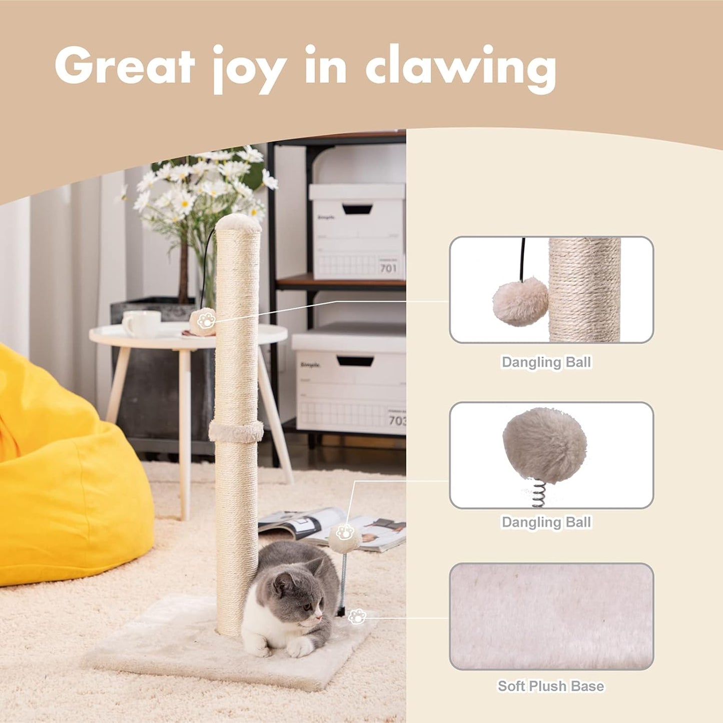 34” Tall Cat Scratching Post Premium Basics Kitten Scratcher Sisal Scratch Posts Trees with Hanging Ball for Indoor Cats, Beige