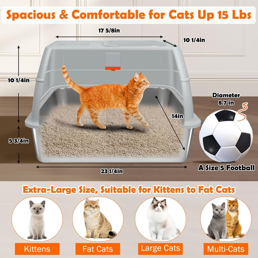 XL Stainless Steel Litter Box, Top Exit Design, Non Stick, No Smell, Easy Cleaning, Activated Charcoal Odor Control Design, Half/Fully Enclosed Design, Footboard, Trapping Mat & Scoop Included