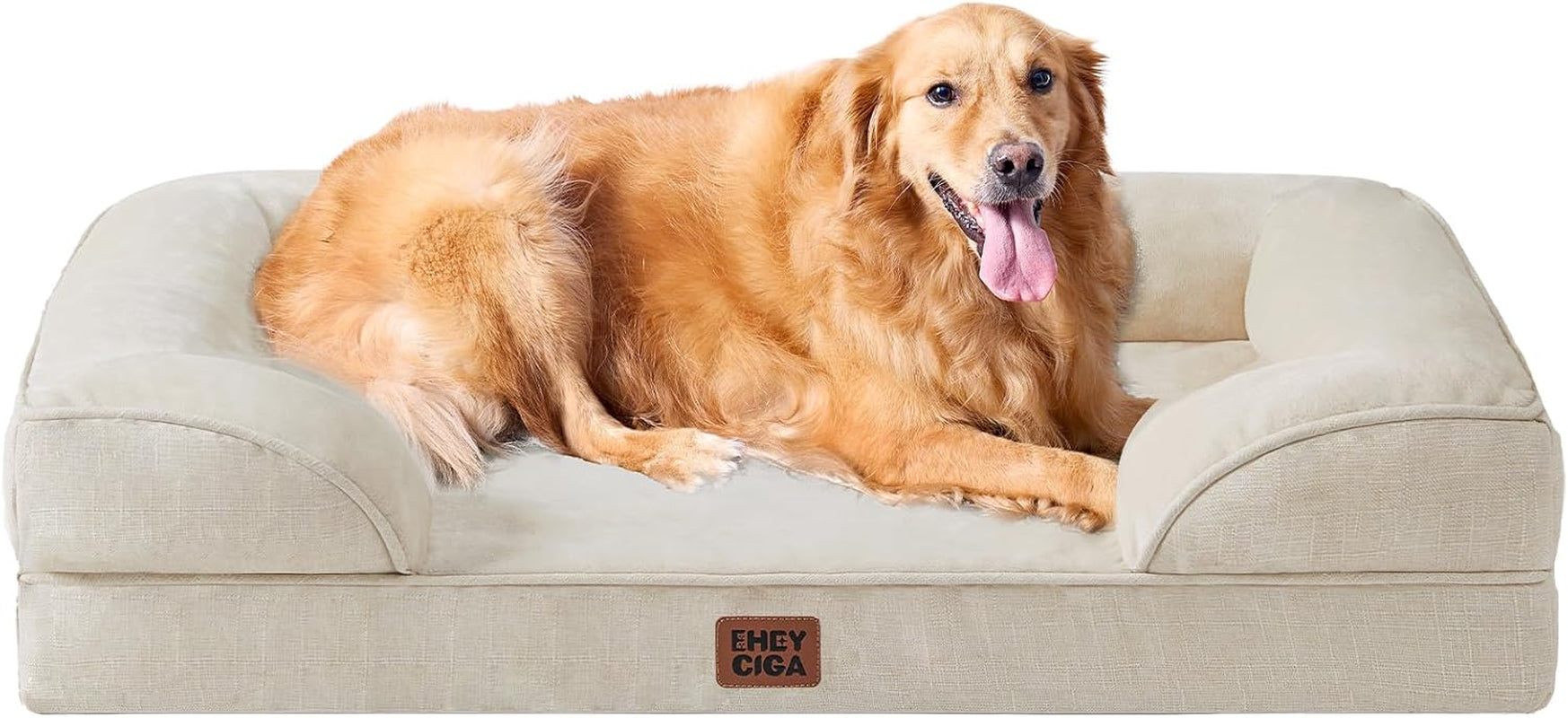 Orthopedic Dog Beds for Extra Large Dogs, Waterproof Memory Foam XL Pet Bed with Sides, Non-Slip Bottom and Egg-Crate Foam Big Dog Couch Bed with Washable Removable Cover, Beige