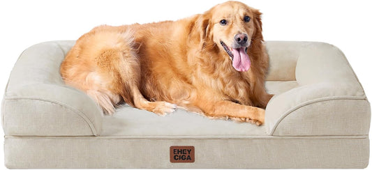 Orthopedic Dog Beds for Extra Large Dogs, Waterproof Memory Foam XL Pet Bed with Sides, Non-Slip Bottom and Egg-Crate Foam Big Dog Couch Bed with Washable Removable Cover, Beige