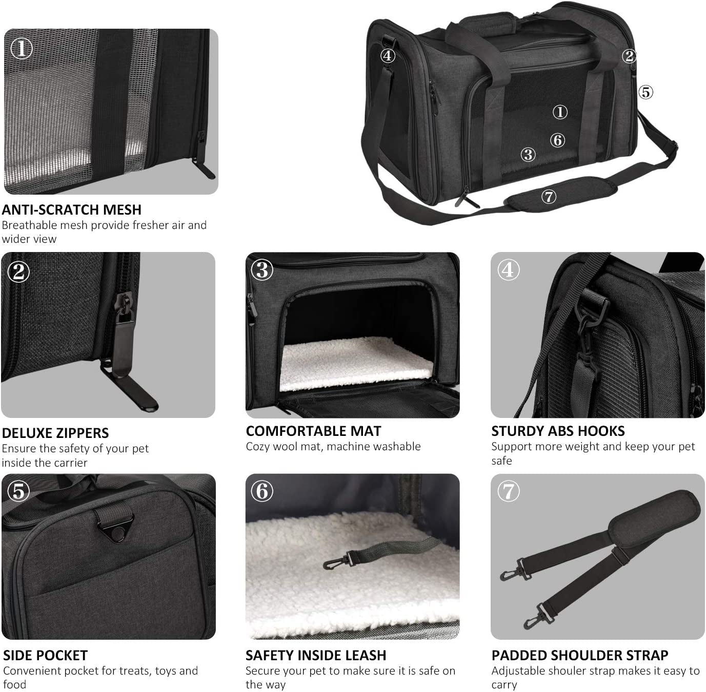 Cat Carriers Dog Carrier Pet Carrier for Small / Medium Cats Dogs Puppies (Up to 15Lbs), TSA Airline Approved Small Dog Carrier Soft Sided, Collapsible Waterproof Travel Puppy Carrier -Black