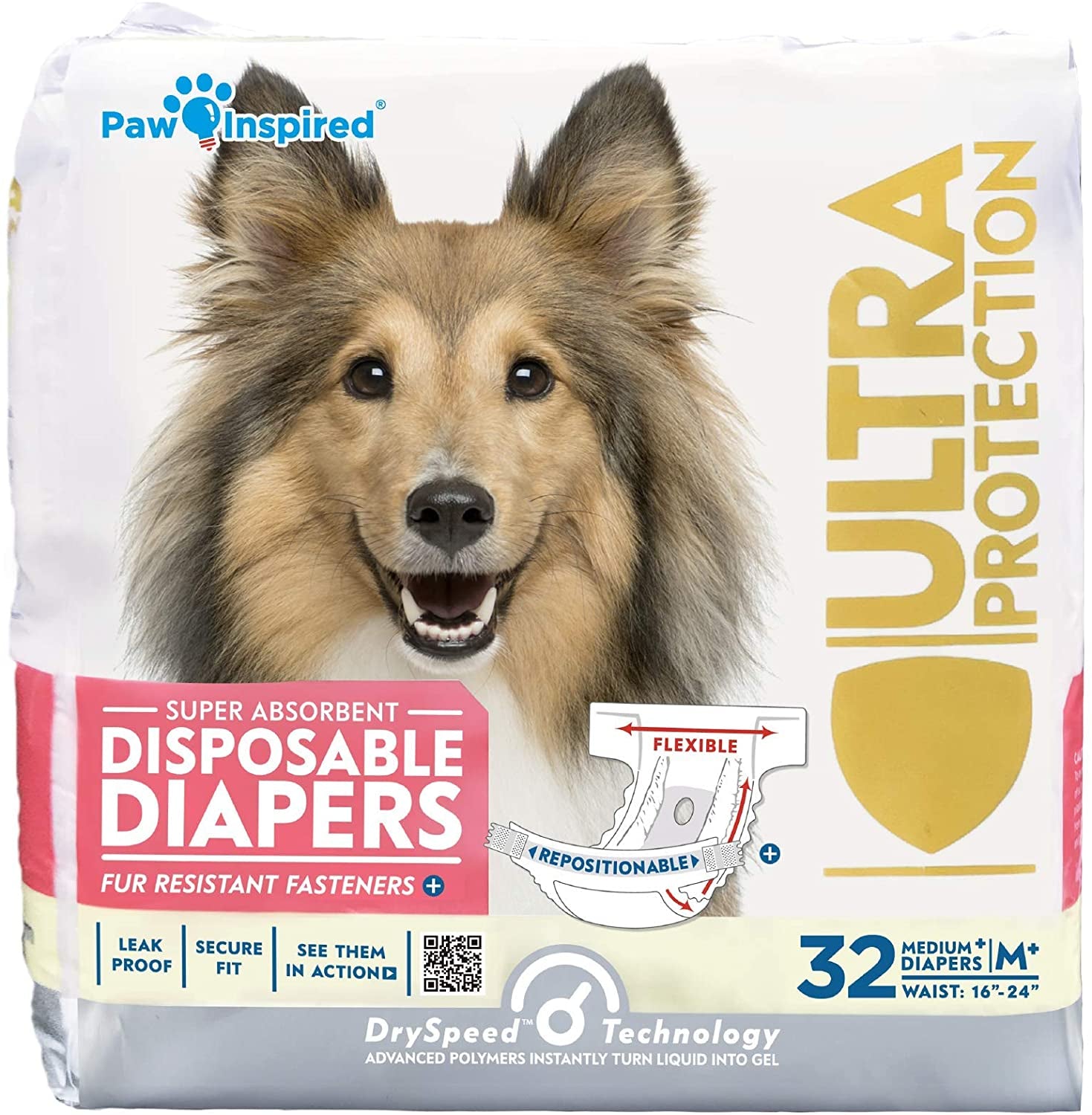 32Ct Disposable Dog Diapers | Female Dog Diapers Ultra Protection | Diapers for Dogs in Heat, Excitable Urination, or Incontinence (Medium Plus)