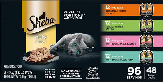 Perfect Portions Wet Cat Food Cuts in Gravy Variety Pack, Roasted Chicken, Tender Turkey, with Sustainable Salmon, and with Sustainable Tuna, 2.6 Oz. Twin-Pack Trays (48 Count, 96 Servings)