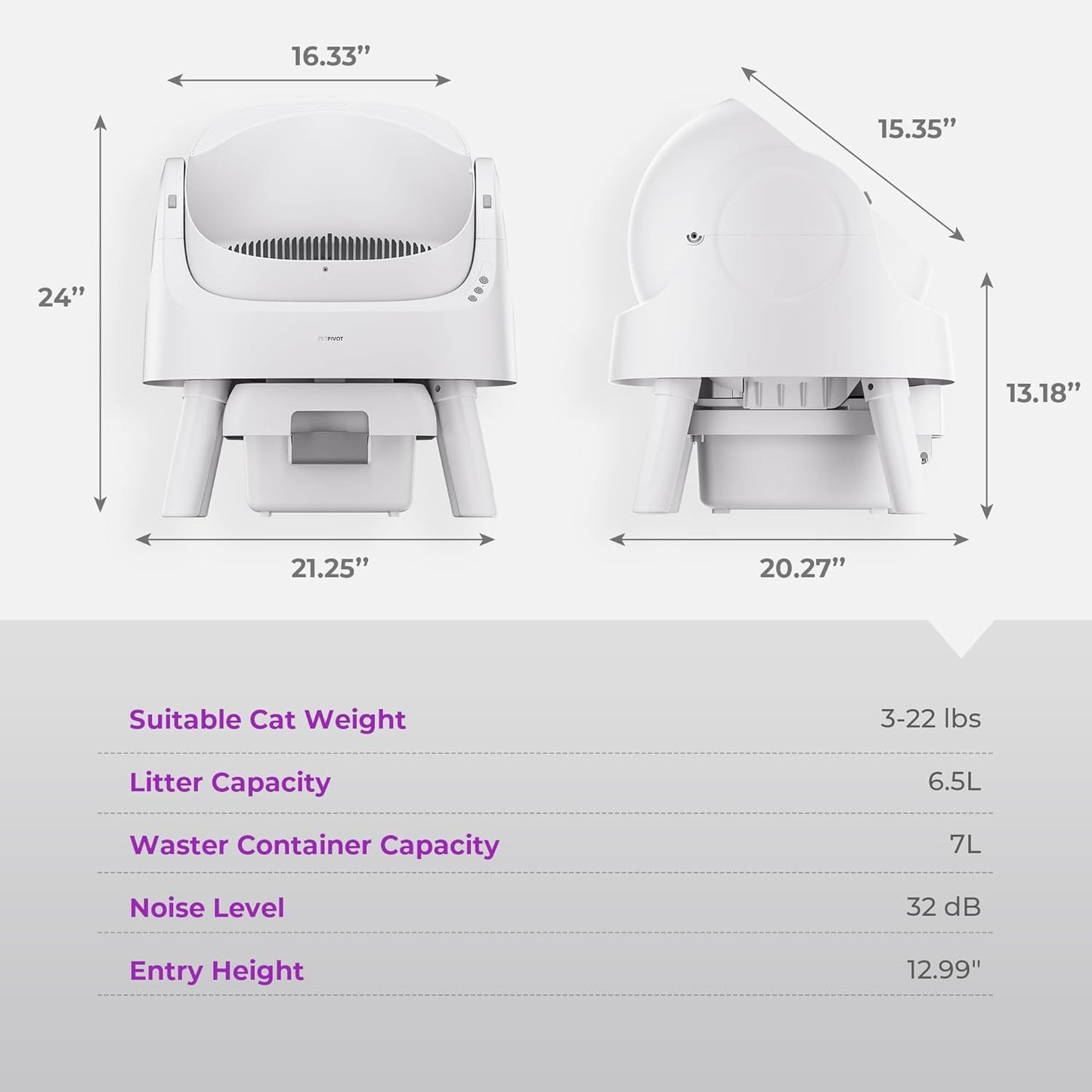 Self-Cleaning Cat Litter Box for Multiple Cats - Automatic, Open Top, White with Liners and Mat Included