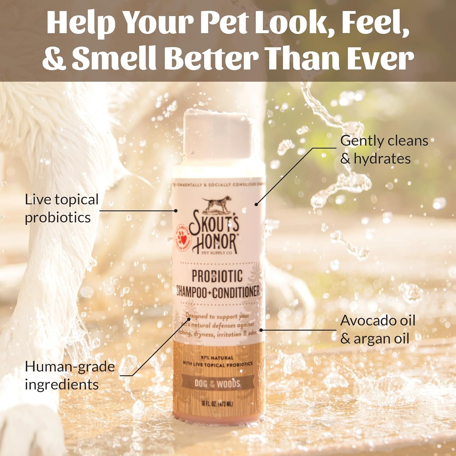 Probiotic Pet Shampoo & Conditioner with Avocado Oil & Omega-3S, 97% Natural, Paraben & Sulfate-Free, Cruelty-Free, 16Oz, Dog of the Woods