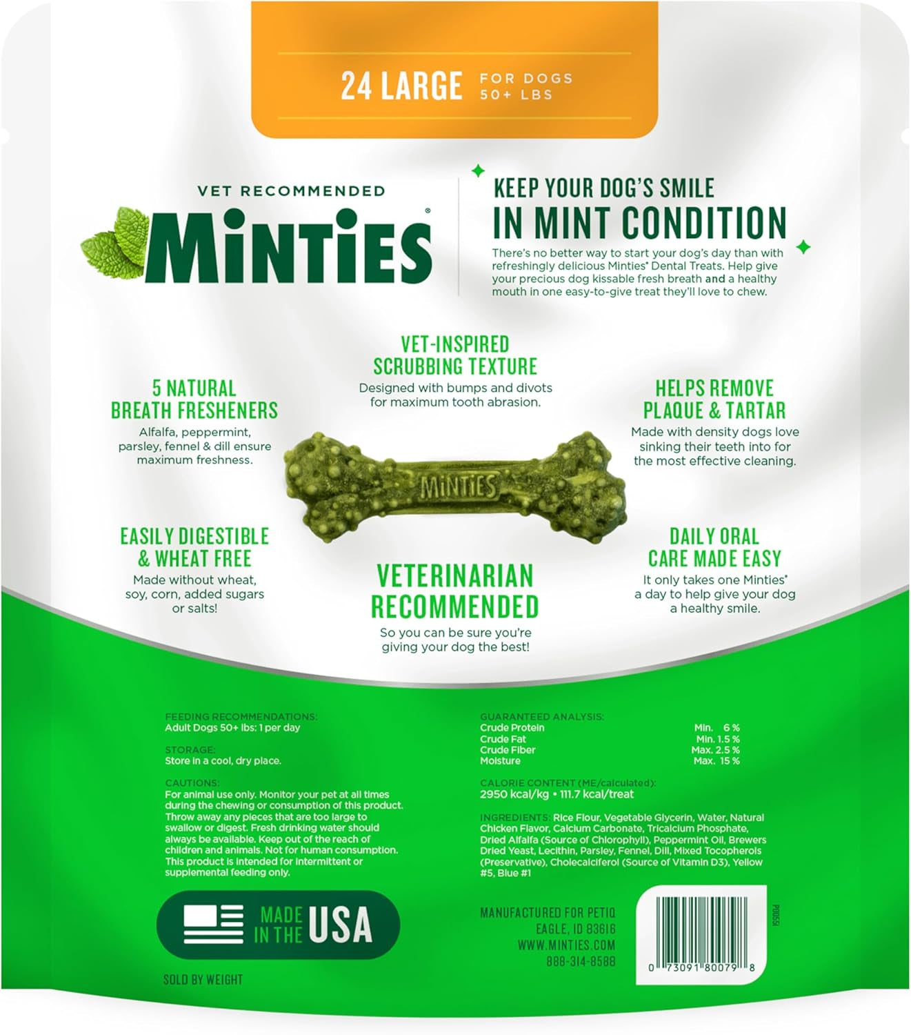 Dental Chews for Dogs, 24 Count, Vet-Recommended Mint-Flavored Treats for Large Dogs over 50 Lbs, Dental Bones Clean Teeth, Fight Bad Breath, and Removes Plaque and Tartar