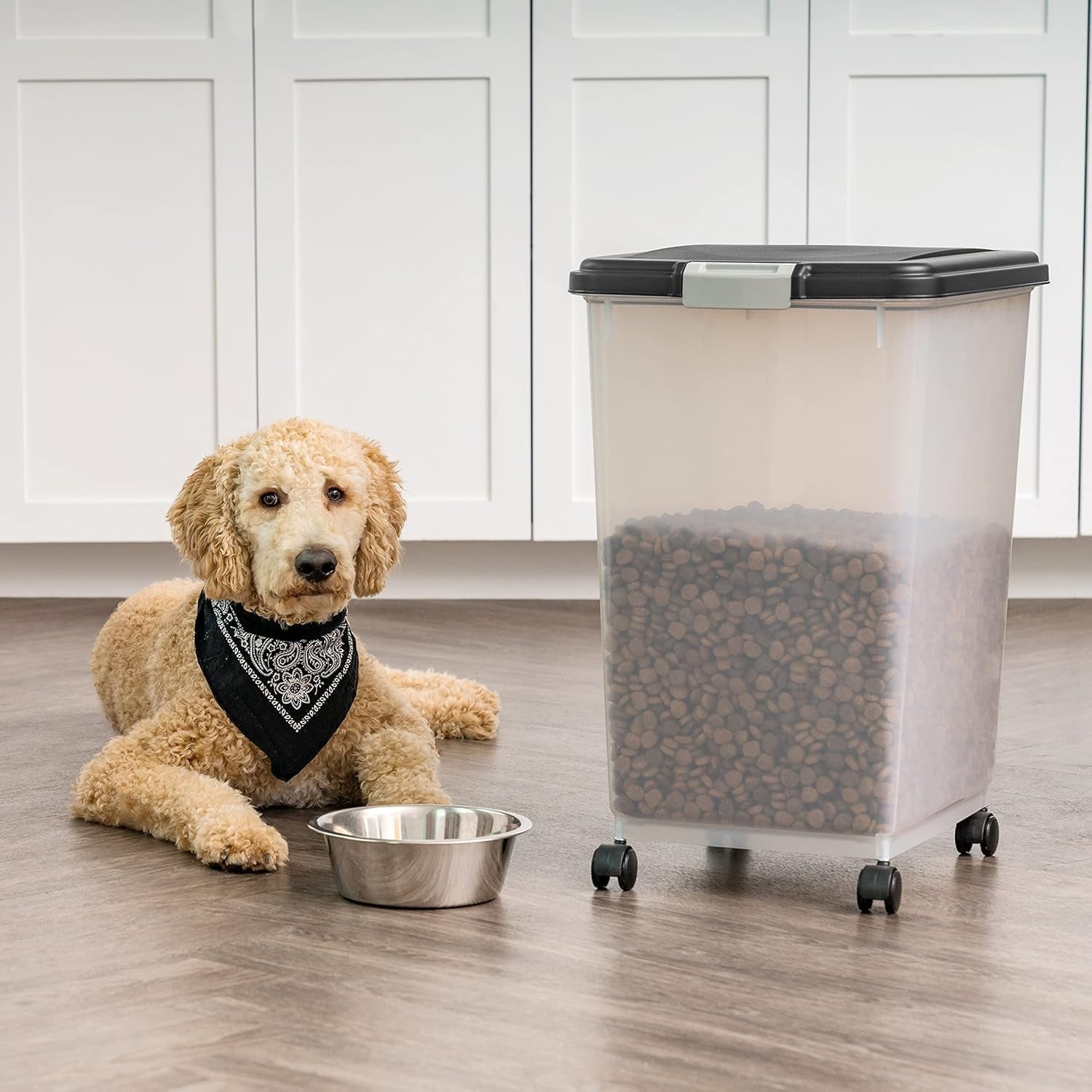 Airtight Dog Food Storage Container, up to 54 Lbs, Attachable Wheels, for Dog Cat Bird and Other Pet Food Storage Bin, Keep Fresh, Translucent Body, Easy Mobility, Black