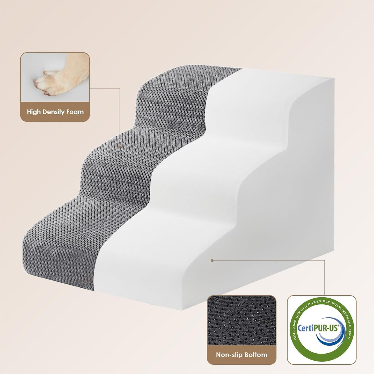 Curved Dog Stairs Ramp for Small Dogs 15.7" H, 3-Step Dog Steps for Couch Sofa and Chair, Pet Stairs for Cats, Non-Slip Balanced Pet Steps Indoor, Grey