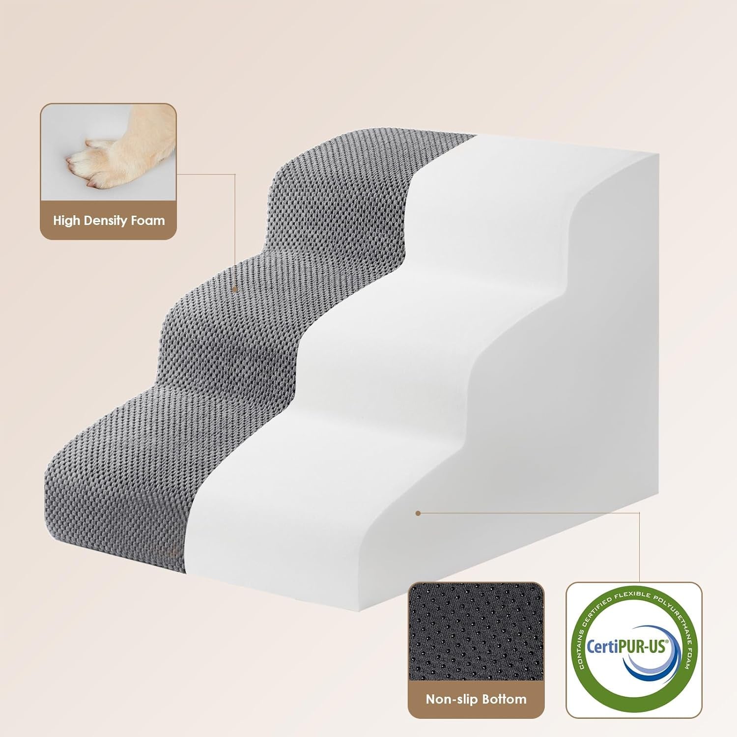 Curved Dog Stairs Ramp for Small Dogs 15.7" H, 3-Step Dog Steps for Couch Sofa and Chair, Pet Stairs for Cats, Non-Slip Balanced Pet Steps Indoor, Grey