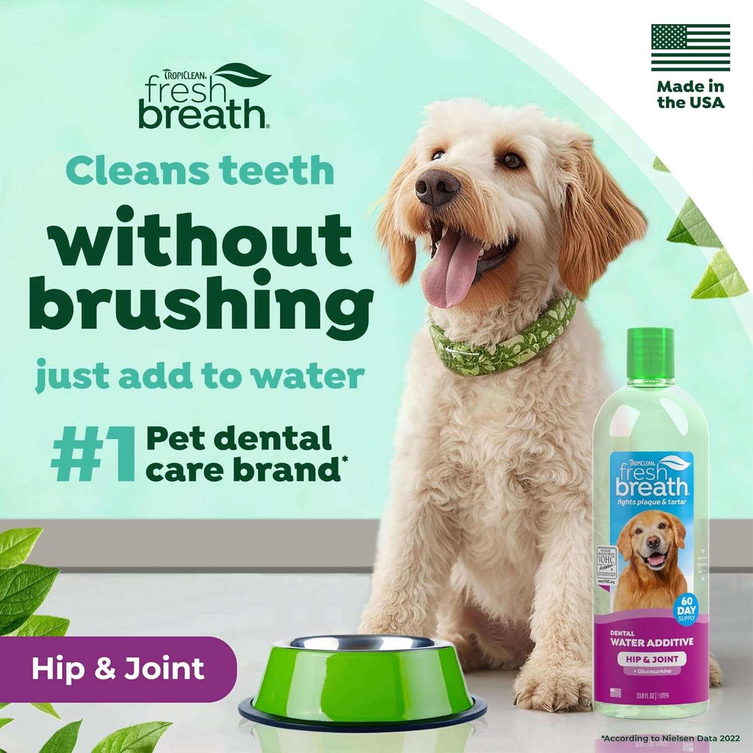 Fresh Breath Water Additive for Dogs with Glucosamine, Hip and Joint Support for Dogs, Breath Freshener & Teeth Cleaning Solution, 33.8Oz.