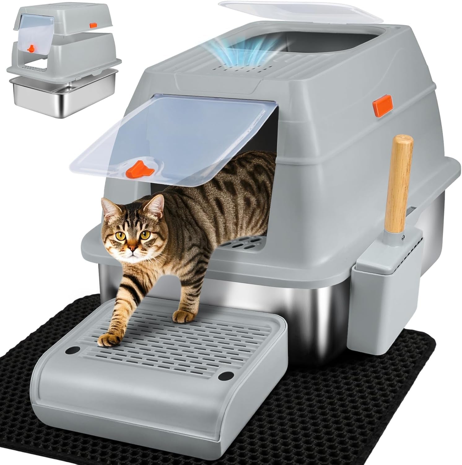 XL Stainless Steel Litter Box, Top Exit Design, Non Stick, No Smell, Easy Cleaning, Activated Charcoal Odor Control Design, Half/Fully Enclosed Design, Footboard, Trapping Mat & Scoop Included