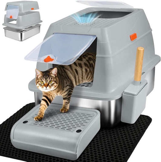 XL Stainless Steel Litter Box, Top Exit Design, Non Stick, No Smell, Easy Cleaning, Activated Charcoal Odor Control Design, Half/Fully Enclosed Design, Footboard, Trapping Mat & Scoop Included