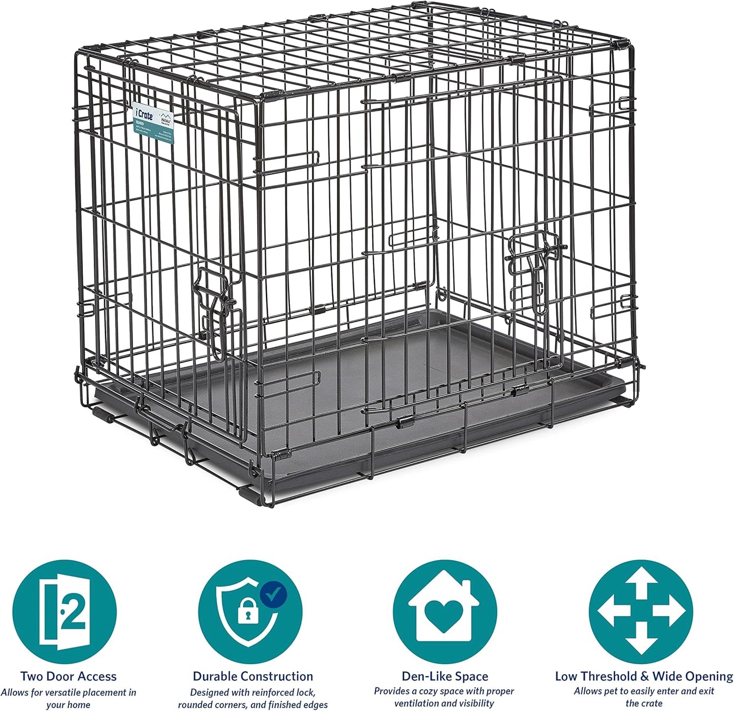 24-Inch Two-Door Icrate Folding Dog Crate with Divider Panel, Leak-Proof Tray & Secure Latches – Metal Wire Kennel for Small Breeds – Portable, Durable & Easy to Assemble