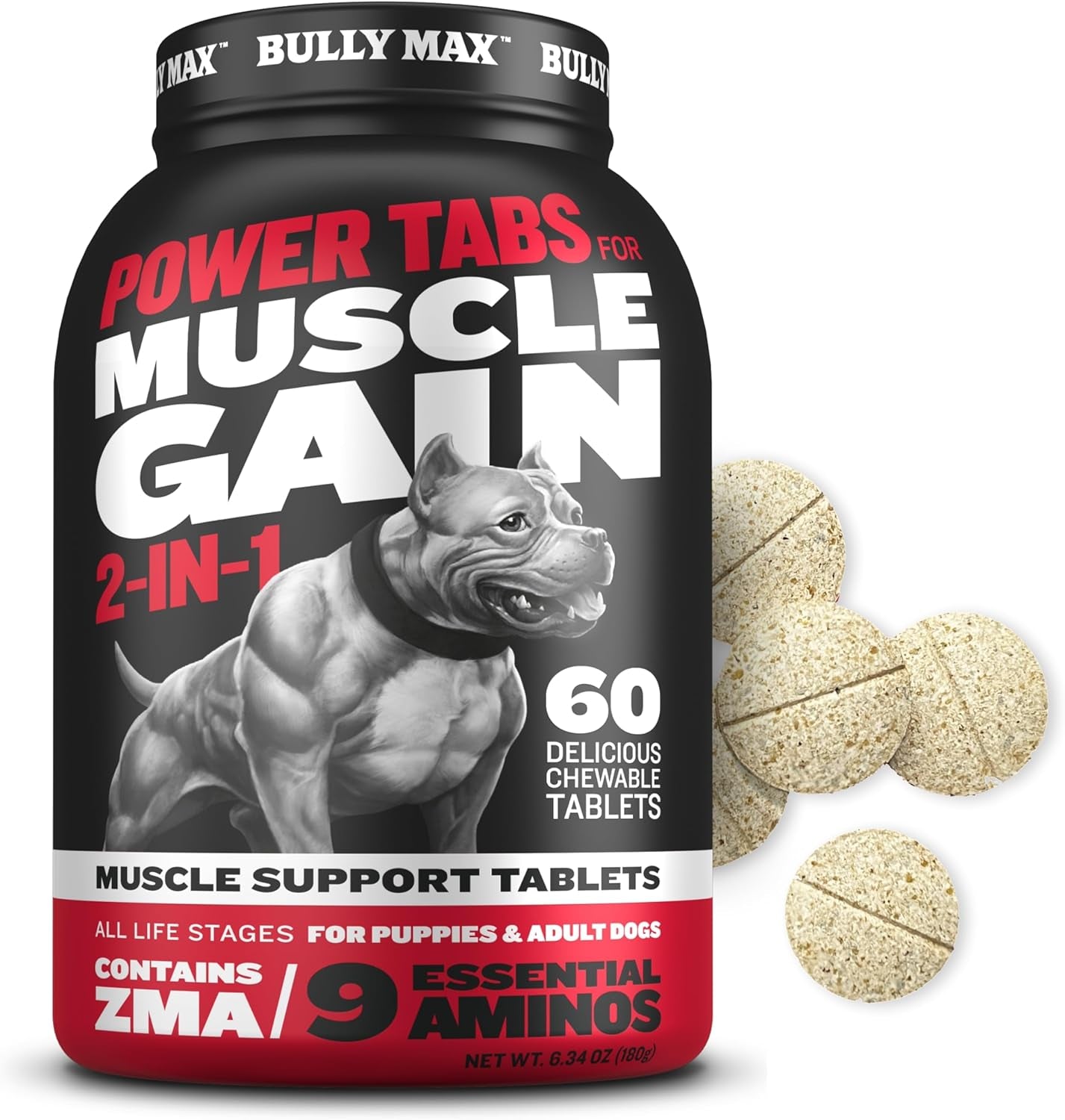 2-In-1 Muscle Builder Chewable Tablets for Puppies & Adult Dogs - Puppy & Dog Vitamins & Supplements for Muscle Gain & Growth - Ultimate Canine Multivitamins for All Breeds & Ages - 60 Tabs