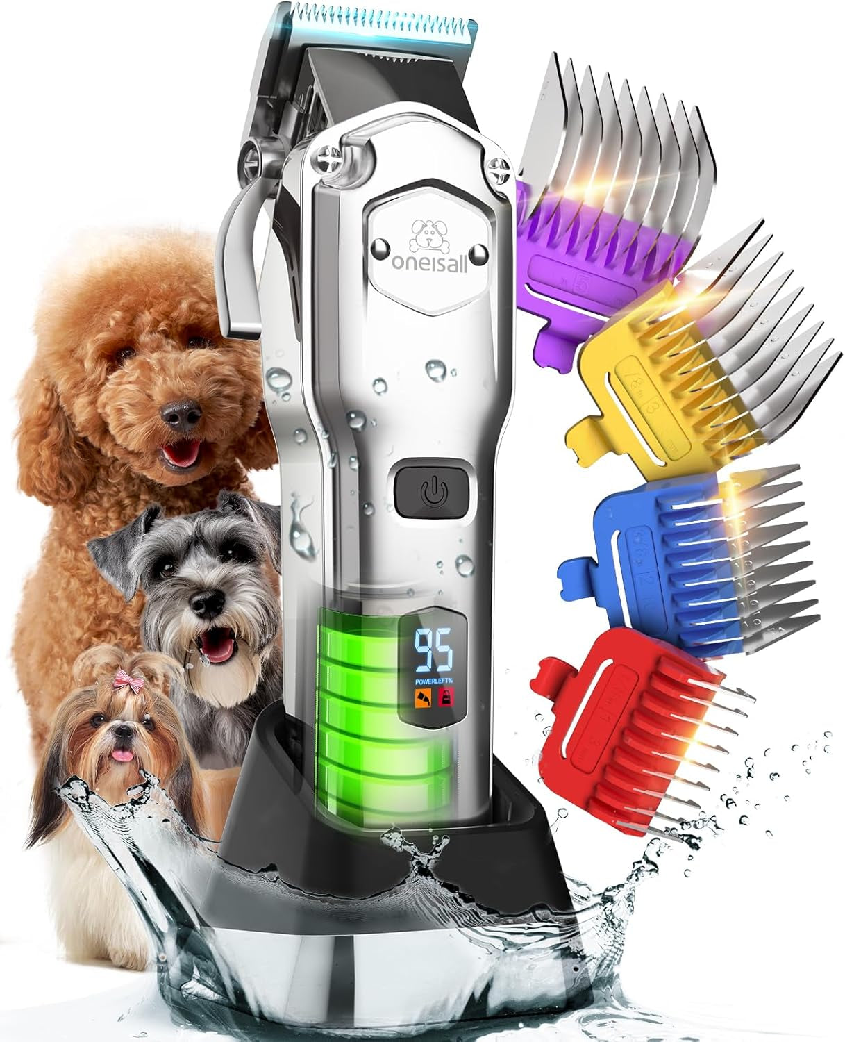 Dog Clippers for Grooming Thick Hair Professional,Cordless/Rechargeable Pet Grooming Kit with Detachable Metal Combs, Low Noise Heavy-Duty Pet Clippers for Thick/Curly/Fine/Wavy Hair (Sliver)