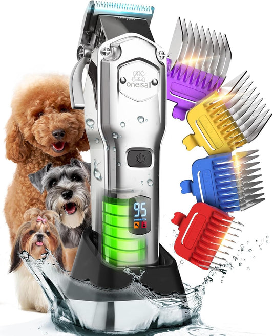 Dog Clippers for Grooming Thick Hair Professional,Cordless/Rechargeable Pet Grooming Kit with Detachable Metal Combs, Low Noise Heavy-Duty Pet Clippers for Thick/Curly/Fine/Wavy Hair (Sliver)