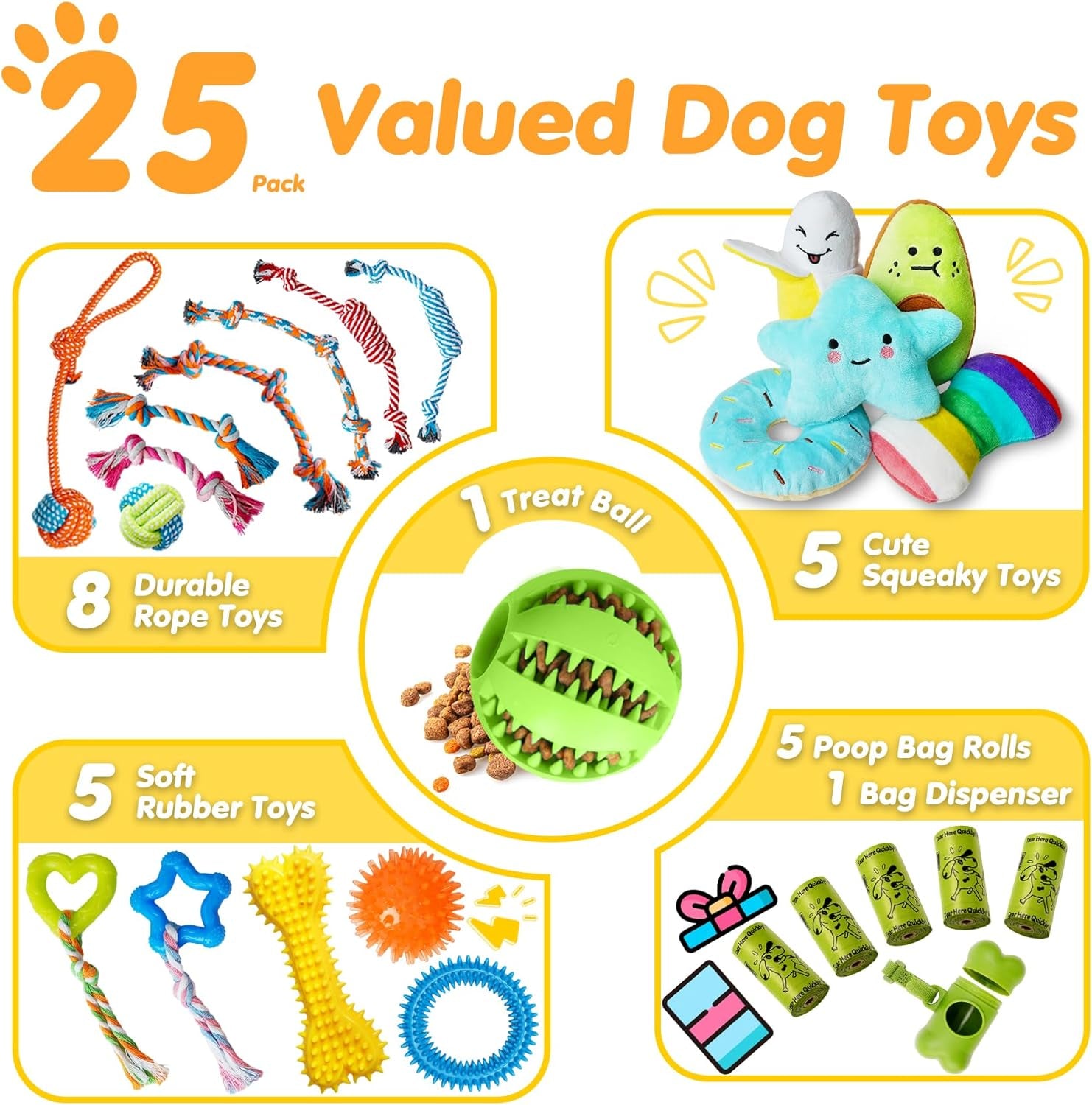 25 Pack Luxury Dog Chew Toys for Puppy, Dog Toys with Ropes, Treat Ball and Squeaky Puppy Toys for Teething Small Dogs