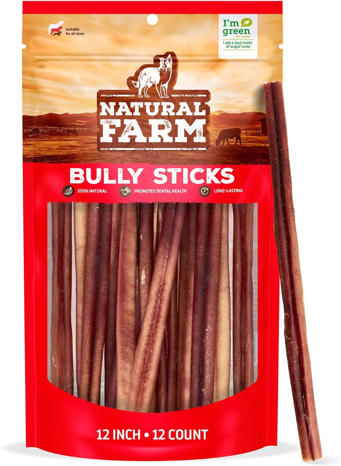 Odor-Free Bully Sticks (12 Inch, 12 Pack), 1.2 Lbs. per Bag, 100% Beef Pizzle Chews, Grass-Fed, Non-Gmo, Fully Digestible Long Lasting Best Dental Treats to Keep Your Dogs Busy