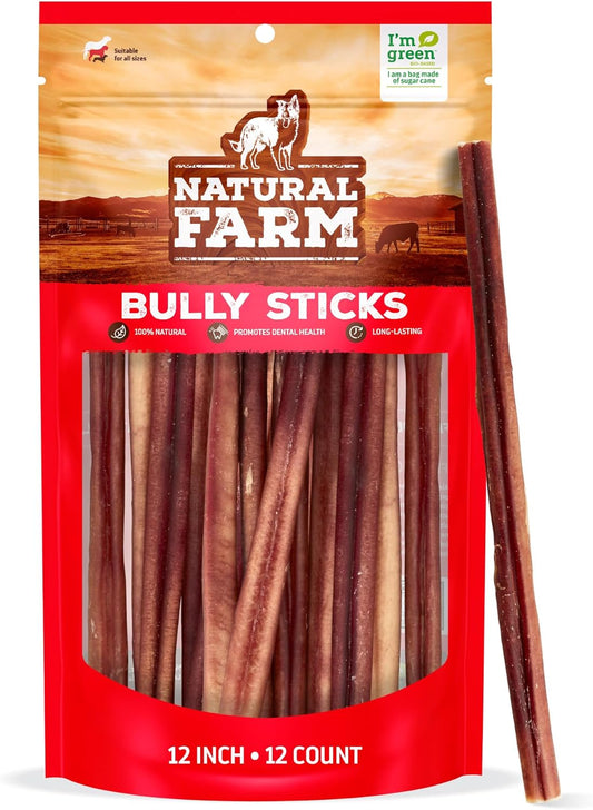 Odor-Free Bully Sticks (12 Inch, 12 Pack), 1.2 Lbs. per Bag, 100% Beef Pizzle Chews, Grass-Fed, Non-Gmo, Fully Digestible Long Lasting Best Dental Treats to Keep Your Dogs Busy