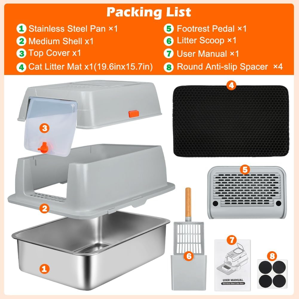XL Stainless Steel Litter Box, Top Exit Design, Non Stick, No Smell, Easy Cleaning, Activated Charcoal Odor Control Design, Half/Fully Enclosed Design, Footboard, Trapping Mat & Scoop Included