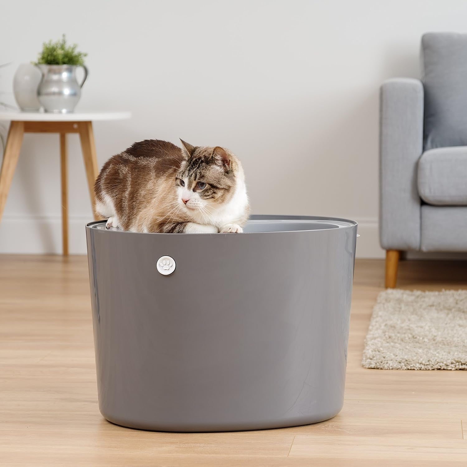 Cat Litter Box, Large Top Entry with Litter Catching Lid and Scoop, Dog Proof, Cat Box Enclosure, Dark Gray/White