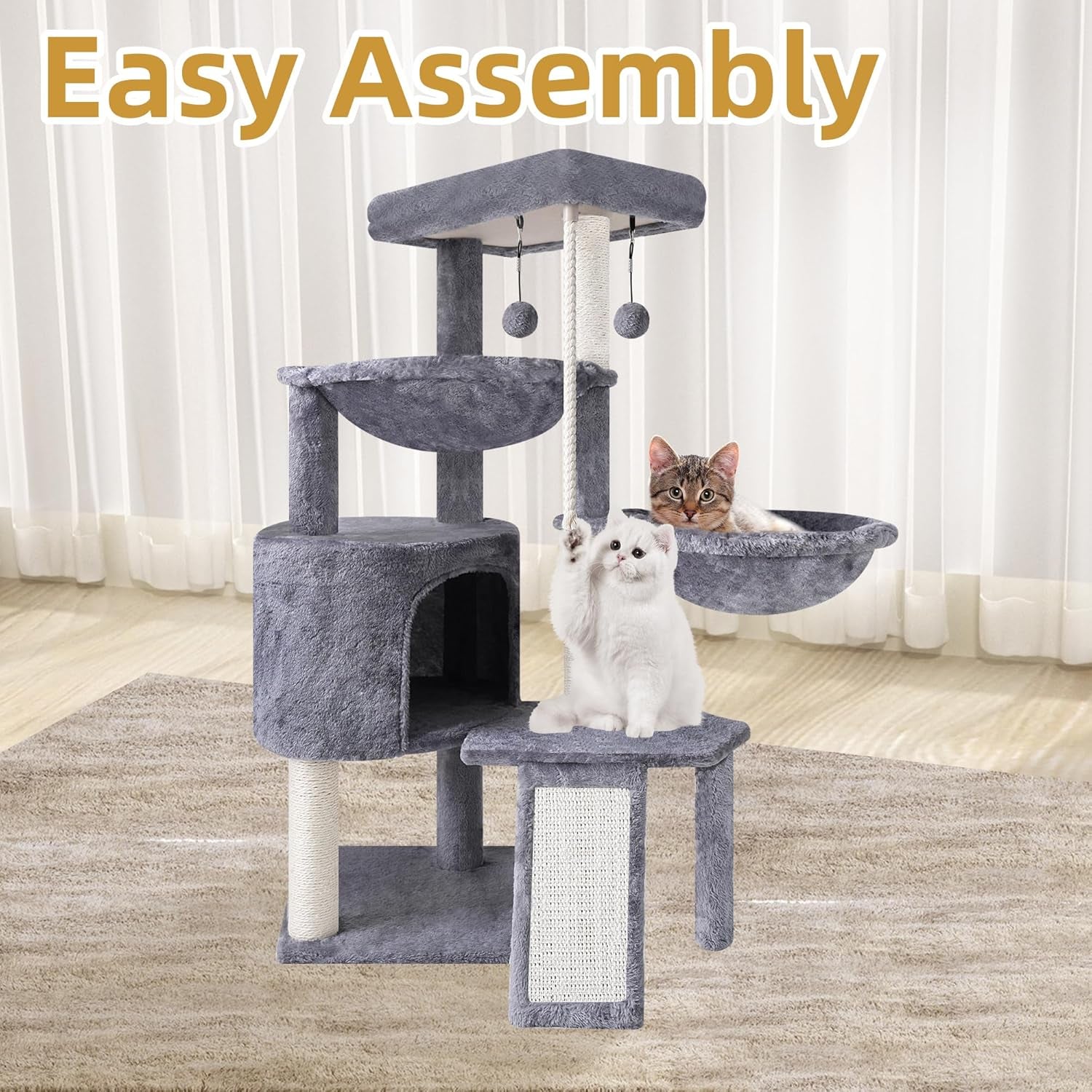 Xin Three Layer Cat Tree with Cat Condo and Two Hammocks,Grey
