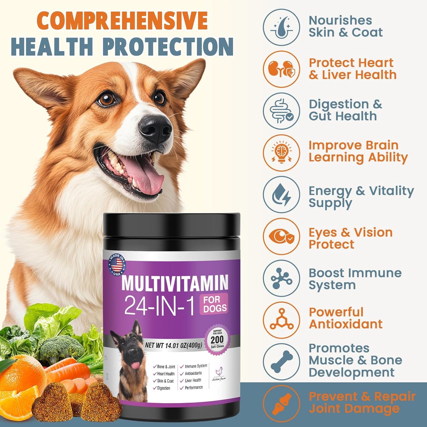 24-In-1 Dog Vitamins and Supplements 200 Ct Dogs Multivitamin Chewable Contain Chondroitin Probiotics Omega-3 Glucosamine for Dogs Skin Coat Heart Joint Gut Liver Brain Eyes Immune Support - Chicken