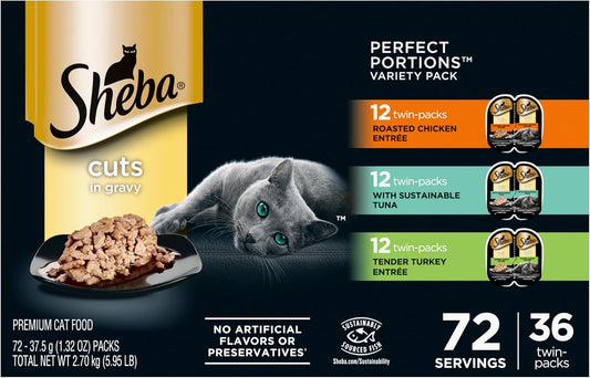Perfect Portions Wet Cat Food Cuts in Gravy Variety Pack, Roasted Chicken Entree, with Sustainable Tuna, and Tender Turkey Entree, 2.6 Oz. Twin-Pack Trays (36 Count, 72 Servings)