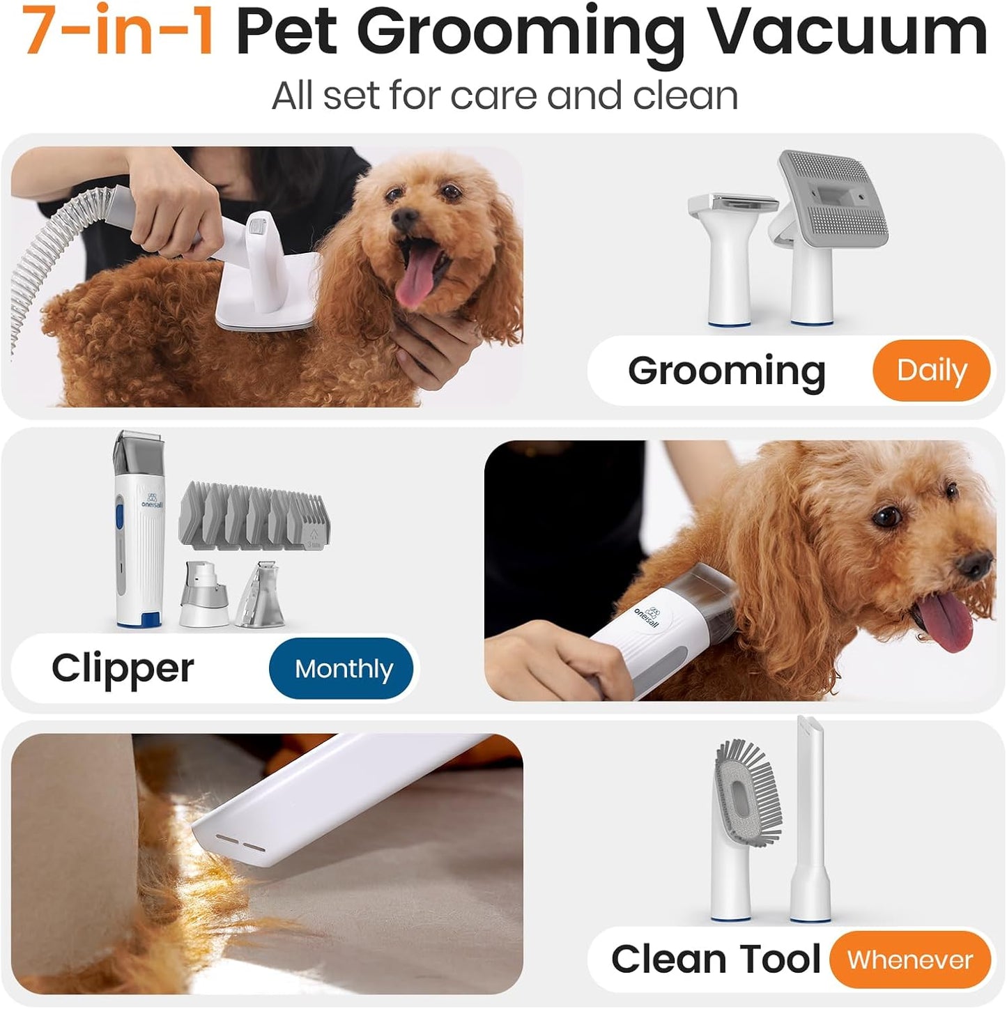 Dog Grooming Vacuum, Pet Grooming Vacuum with Clipper Nail Grinder, 1.5L Dust Cup Dog Deshedding Vacuum Brush with 7 Pet Grooming Tools for Shedding Pet Hair, Home Cleaning